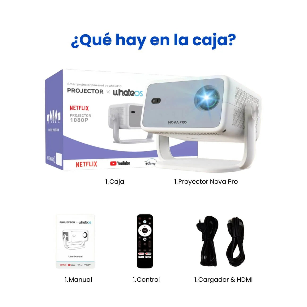 Accesorios incluidos con el proyector Nova Pro: control remoto, cables y manual