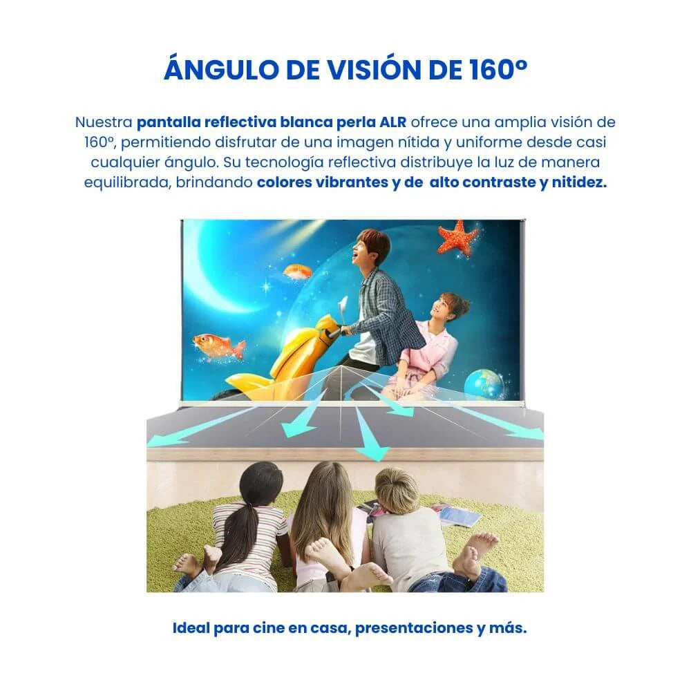 Pantalla retráctil blanca perla ALR con ángulo de visión de 160 grados para una imagen clara desde cualquier posición.
