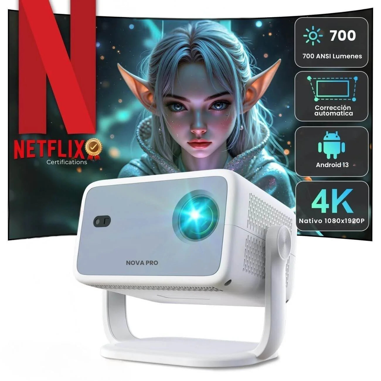 Proyector Nova Pro con acceso a Netflix, YouTube, Prime Video, Disney
